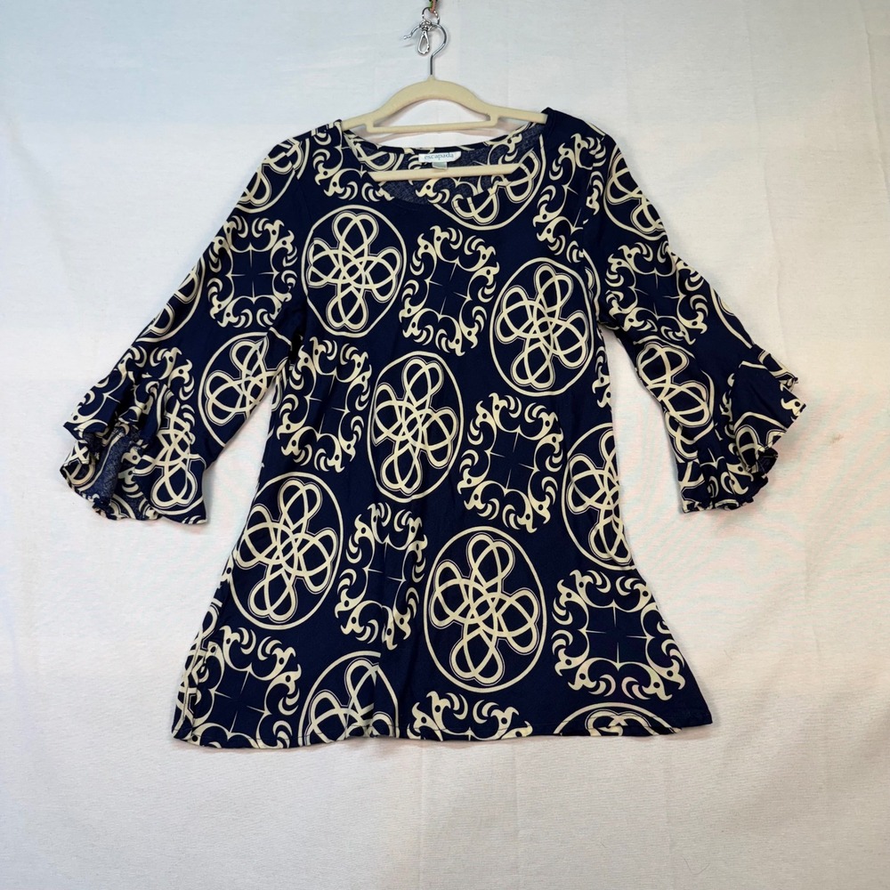 Escapada Navy Blue Cream Geometric Scroll Ruffle Sleeve Tunic Top Rayon Medium - Picture 6 of 6